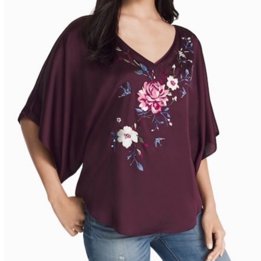 WHBM Floral Embroidered Kimono Sleeve Popover Top‎ Women’s SZ Small in Plum NWOT
